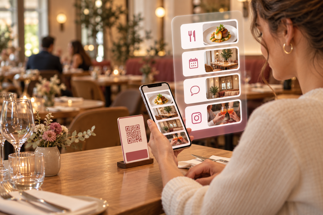 Illustration d’une cliente consultant plusieurs liens depuis une plaque NFC et QR code dans un restaurant.