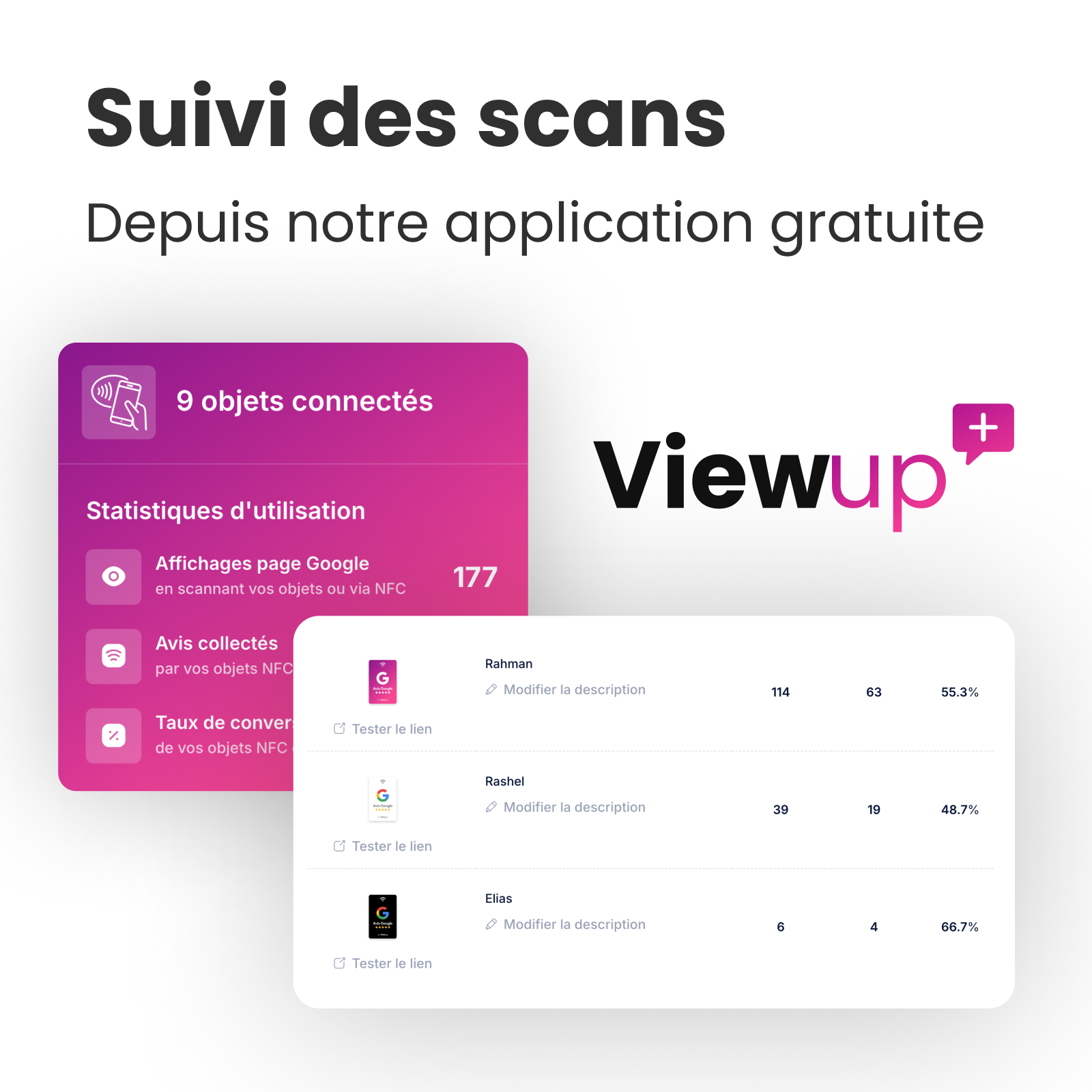 Carte Avis Google NFC connectée avec QR code Viewup