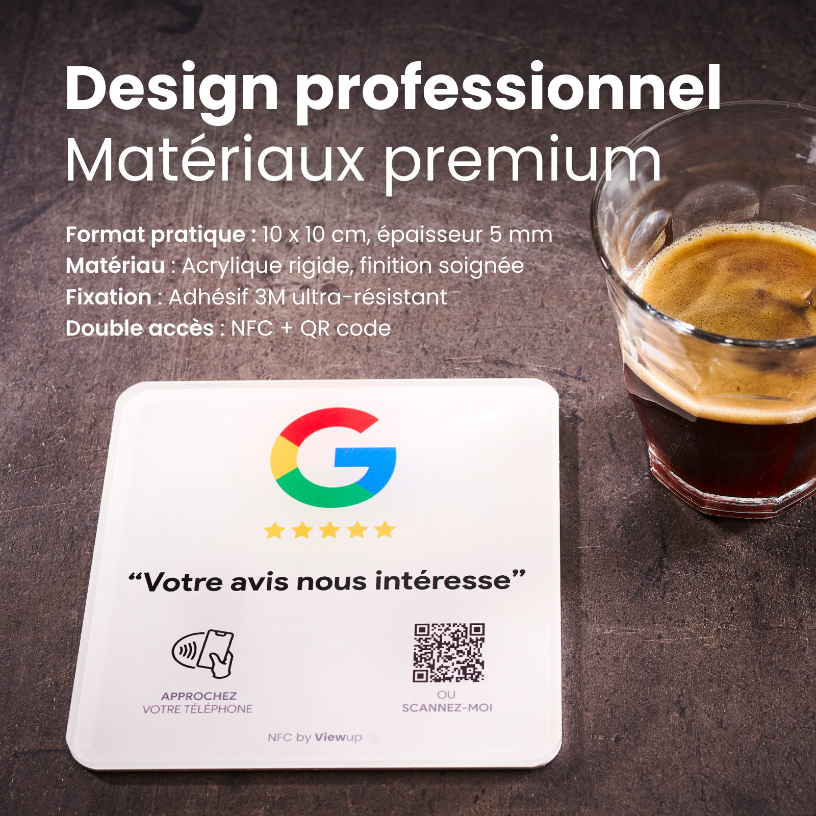 Plaque avis Google NFC connectée avec QR code Viewup
