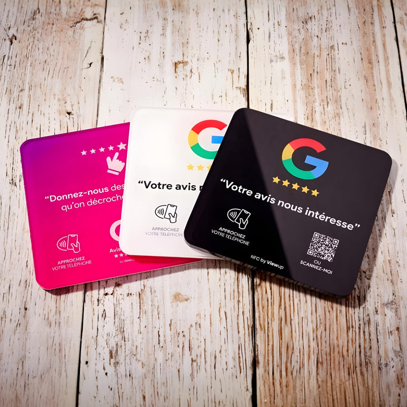 Plaque avis Google NFC connectée avec QR code Viewup